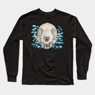 Cat Skull with Blue Mushrooms Long Sleeve T-Shirt